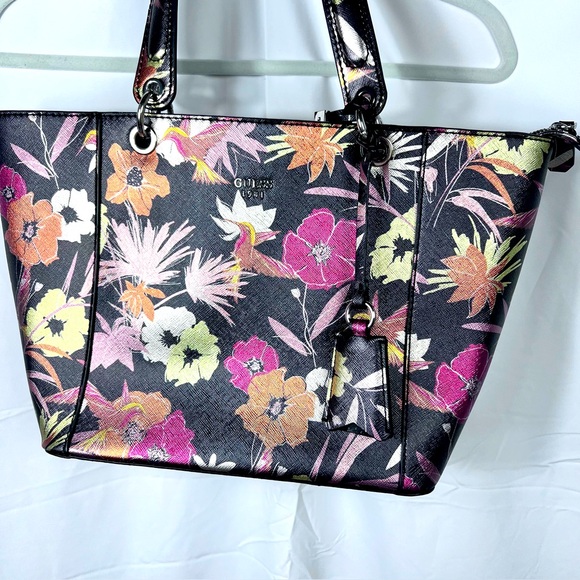 GUESS Floral Tote Large Shoulder Handbag Black Multicolor with wallet NWT - Picture 1 of 13
